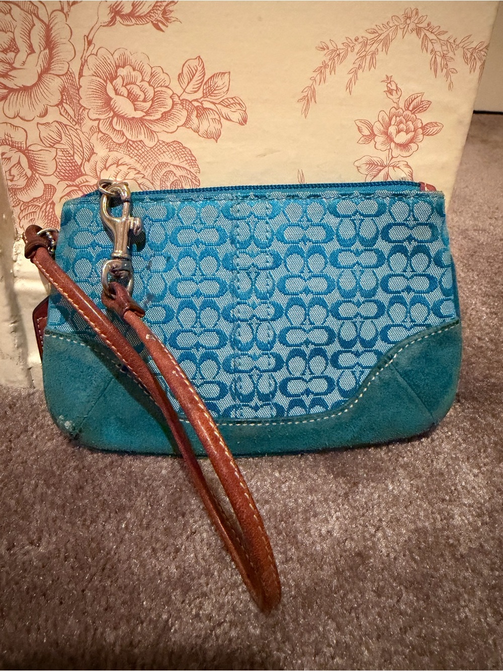 Signature y2k vintage Coach Blue Signature Canvas Wristlet with Suede Trim